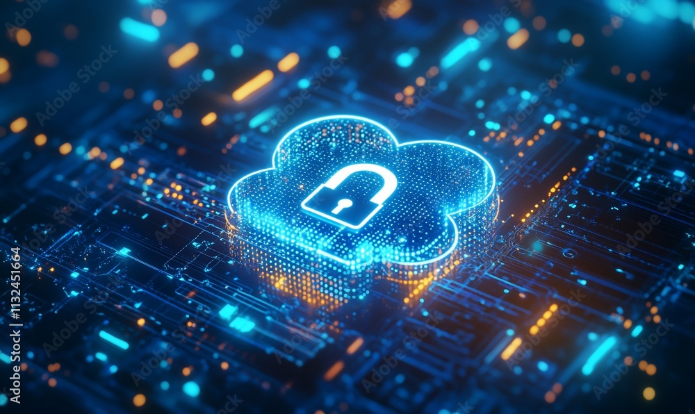 Poster Digital cloud with a lock symbol, representing cybersecurity and data protection.