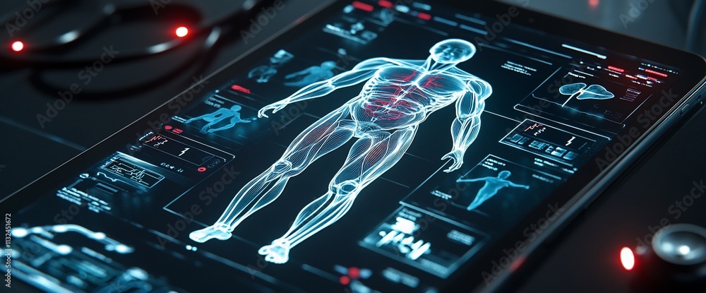Poster Digital interface displaying human anatomy and health metrics on a tablet.