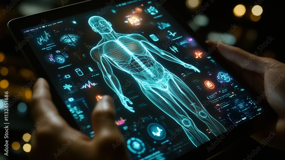 Poster digital display of human anatomy and health metrics on a tablet.