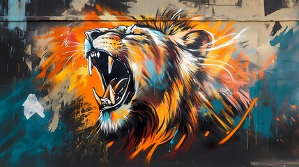 Majestic Roar: A Vibrant Lion Graffiti Mural