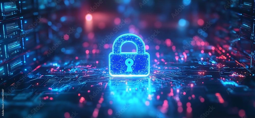 Poster Digital lock symbol on a circuit board background representing cybersecurity.