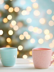 Fototapeta premium Cozy Holiday Ambiance with Colorful Mugs and Soft Bokeh Lighting
