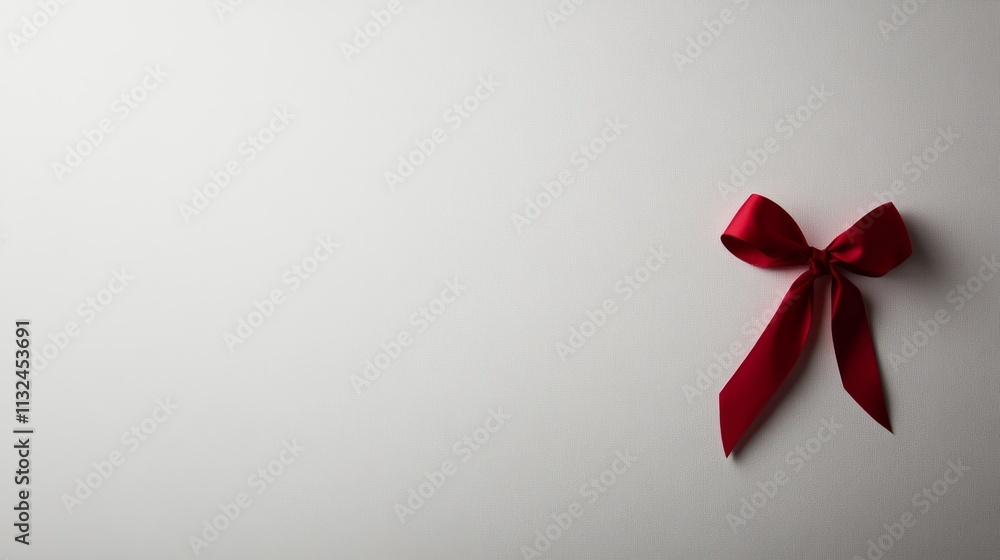 Poster a single red satin bow rests on a plain white background with clean lines, perfect for gift wrapping