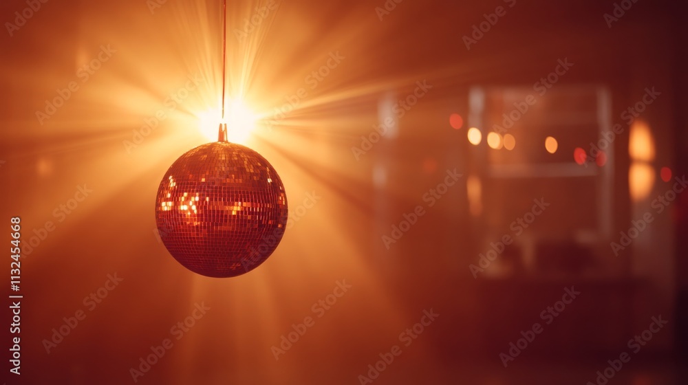 Aufkleber a shiny gold disco ball hangs from the ceiling in a dimly lit room, casting colorful light rays on s