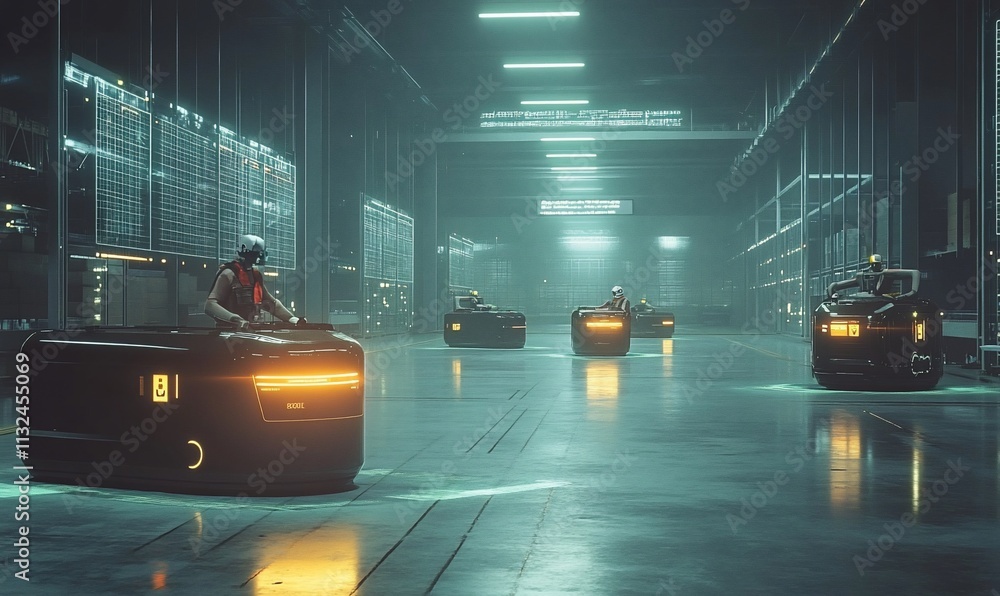 Poster Futuristic warehouse scene with autonomous robots transporting goods.
