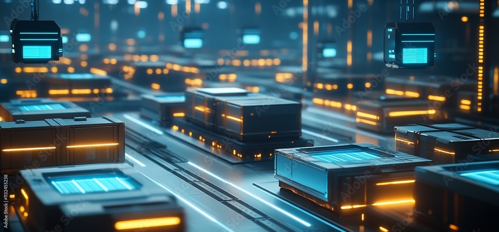 Poster Futuristic warehouse with illuminated containers and automated systems.