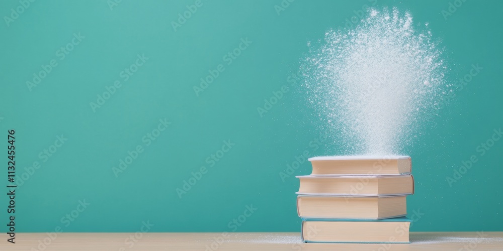 Poster chalk dust exploding from stacked books against a minimalistic background