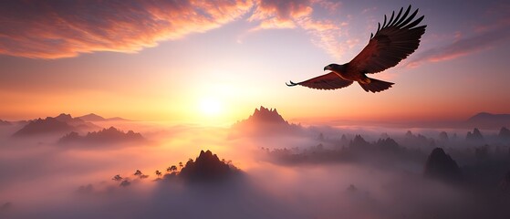 Fototapeta premium Eagle soaring over misty mountains at sunrise.