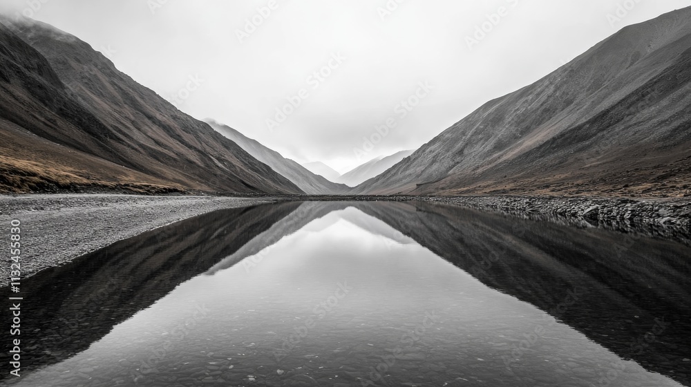 Poster Calm water mirrors stark black-and-white mountains, creating a peaceful composition with minimal colors and clear reflections in a remote setting