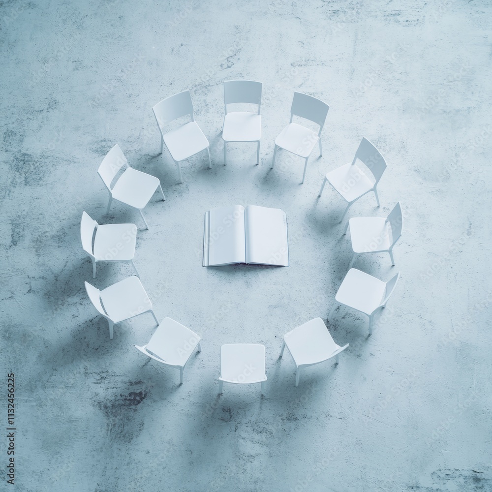 Aufkleber minimalist circle of chairs with open book symbol of knowledge and community
