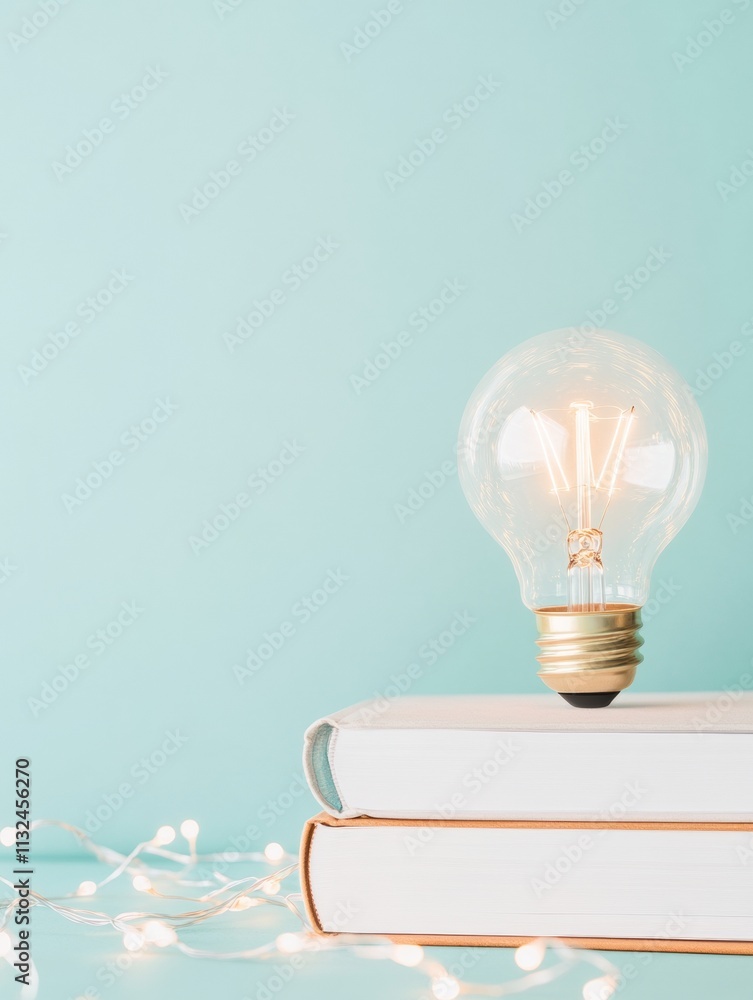Poster minimalist learning glowing light bulb and open books