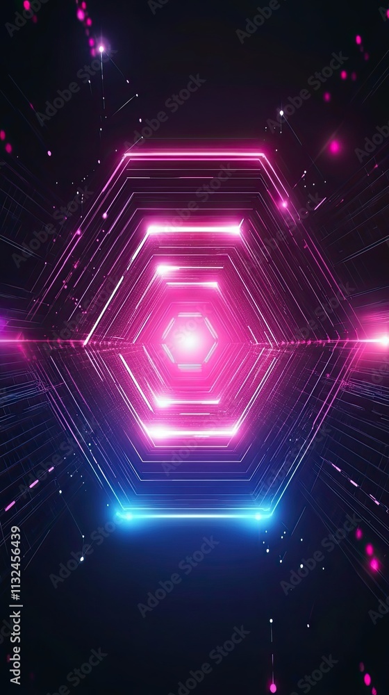 Poster abstract hexagonal neon light tunnel design
