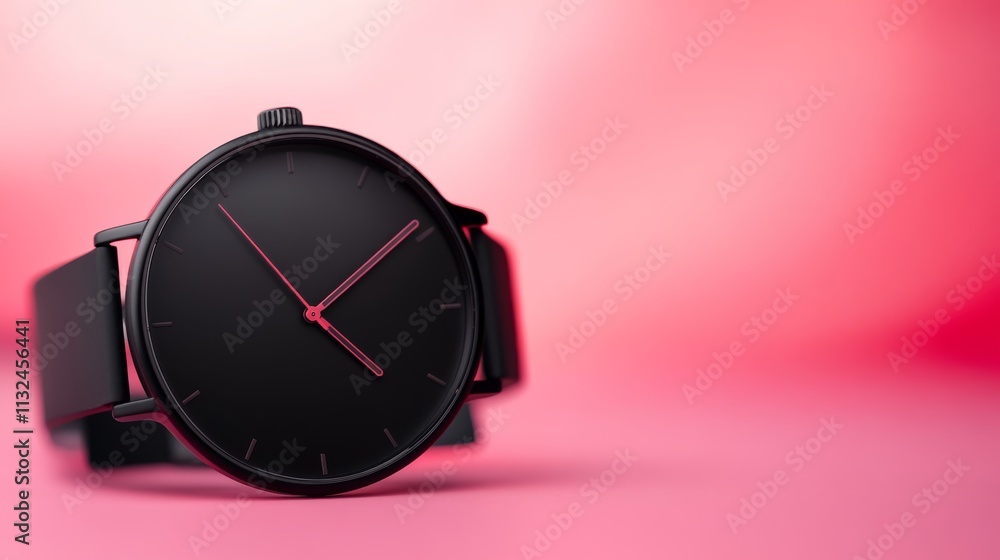 Poster A sleek black wristwatch features a minimalist design with vibrant red accents against a soft pink background, creating a fashionable and elegant presentation