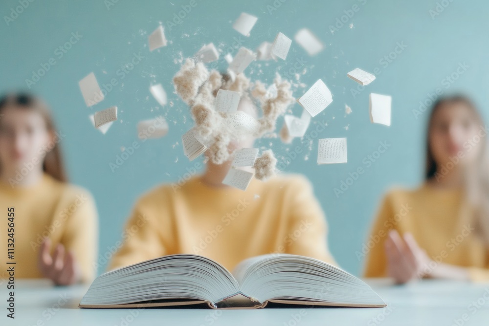 Aufkleber surreal community learning open books and suspended pages in soft light