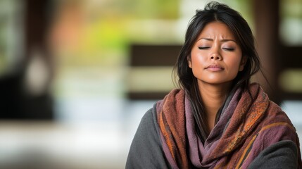 A single Asian woman sits in a tranquil spa ambiance, wrapped in a soft towel, eyes closed in peaceful contemplation, surrounded by a minimalistic backdrop