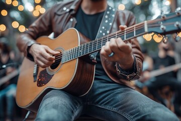 Fototapeta premium A man is playing a guitar in a band