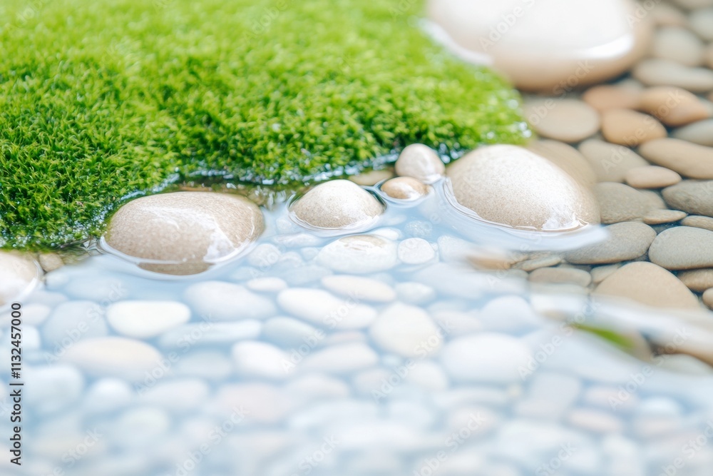 Poster Serene Nature Scene Mossy Stream with Pebbles and Diffused Light