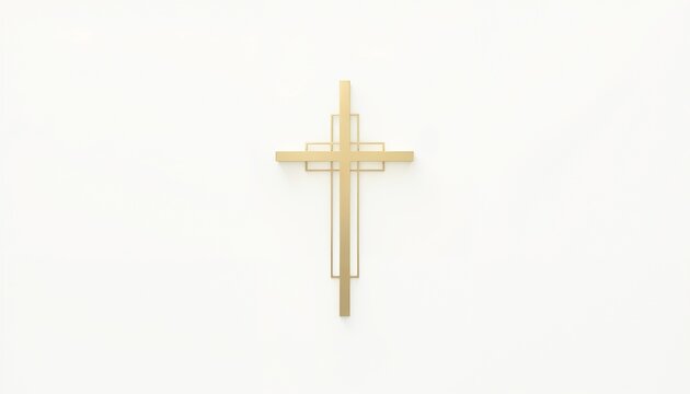 Gold cross on a white background representing faith and spirituality with minimalistic style