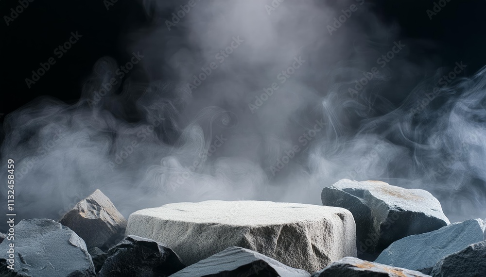 Poster a captivating studio dark room featuring a stone stage or podium enveloped in ethereal fog and mist,