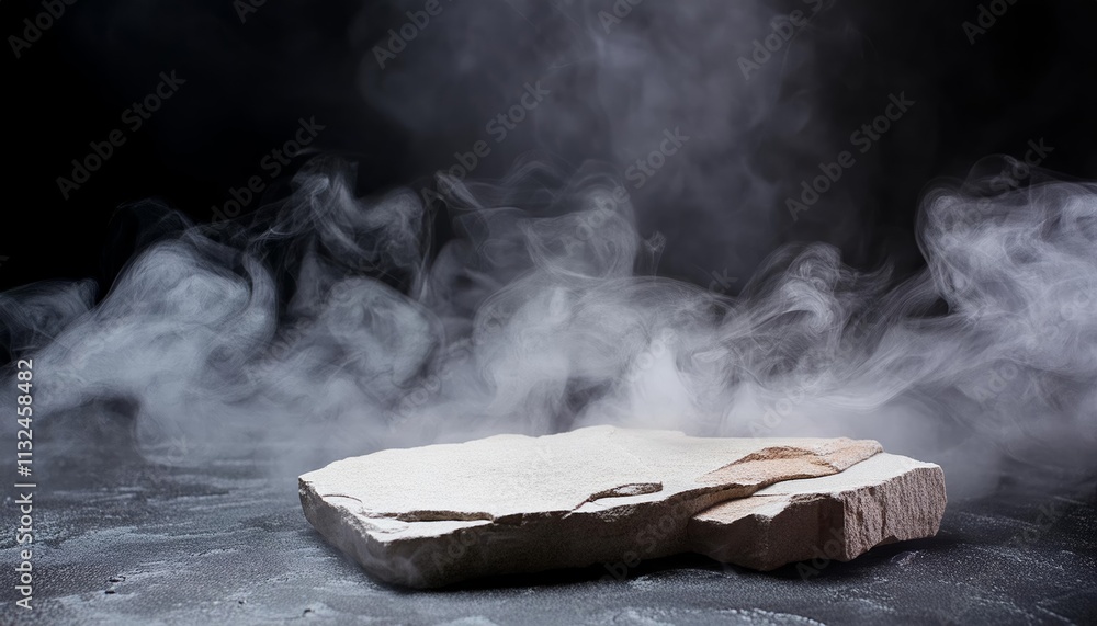 Poster mysterious studio dark room with stone stage and ethereal fog a captivating podium setting for drama
