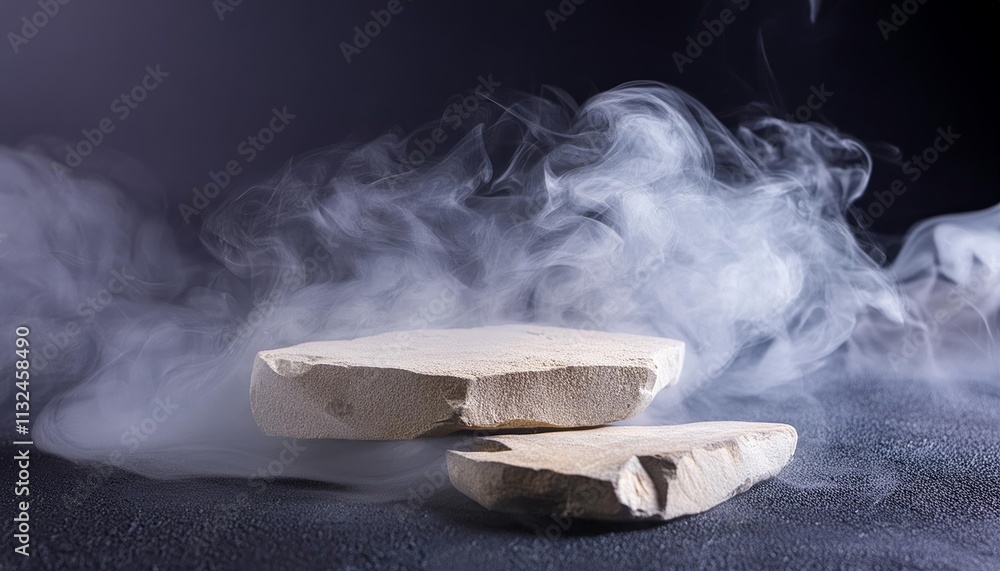 Poster Mysterious Studio Dark Room with Stone Stage and Ethereal Fog A Captivating Atmosphere for Creative Projects and Artistic Performances in an Enigmatic Setting