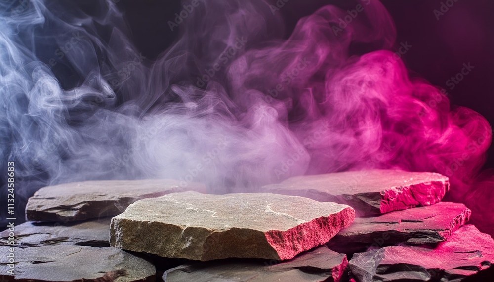 Poster mysterious studio dark room with stone stage and ethereal fog a captivating setting for artistic exp