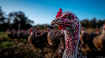 A white turkey stands in focus, showcasing its vivid red wattle amidst blurred barnyard elements, illuminated by warm natural light, embodying farm life