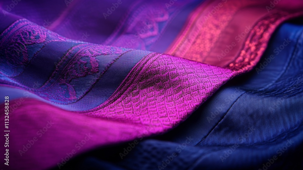 Fototapete close-up view of a vibrant patchwork fabric featuring intricate patterns and bold contrasts, highlig