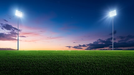 Empty sports field at twilight, illuminated by stadium lights.
