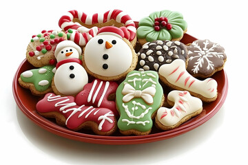 Obraz premium Festive Christmas cookies on a red plate.