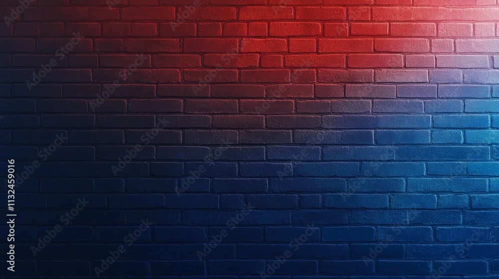 Aufkleber textured brick wall glows under vibrant red and blue neon lights, creating a modern urban aesthetic 