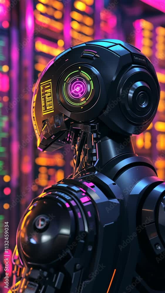 Aufkleber futuristic robot with glowing features against a vibrant digital background in a cyberpunk environme
