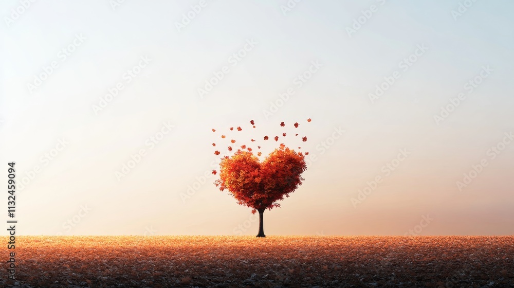 Poster a whimsical heart-shaped tree stands alone in a golden field filled with autumn hues of orange and r