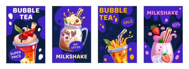 Fototapeta premium Milkshake poster. Ad for milk chocolate drink. Glass shake cocktail. Menu with liquid dessert cup, coffee and yogurt. Bubble tea with tapioca balls. Background bar. Vector tidy cartoon banners set