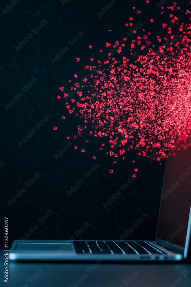 Poster futuristic cyber security concept with glowing laptop and digital particles