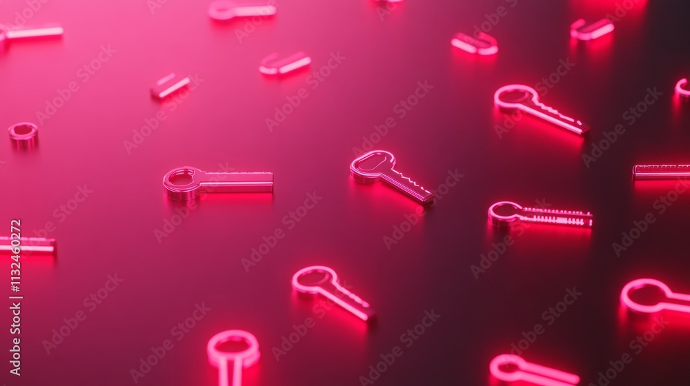 Poster futuristic cybersecurity concept with glowing red keys on reflective surface