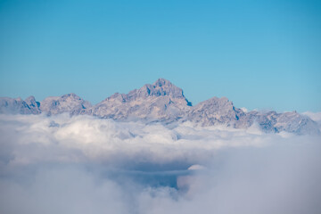 Rugged mountain peak Triglav in Julian Alps seen from Begunjscica, Loibl Pass, Karawanks, Slovenia...