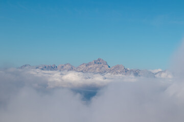 Rugged mountain peak Triglav in Julian Alps seen from Begunjscica, Loibl Pass, Karawanks, Slovenia...