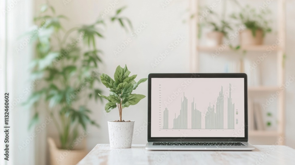 Poster minimalist workspace with laptop showing abstract graphs and indoor plant