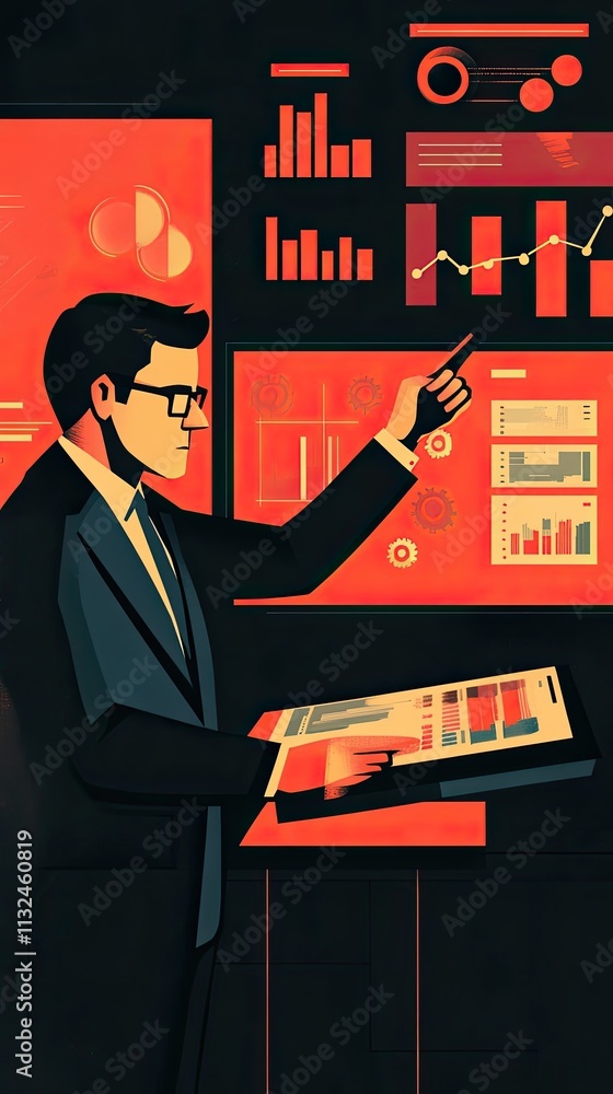Poster businessman presenting data analysis on multiple screens