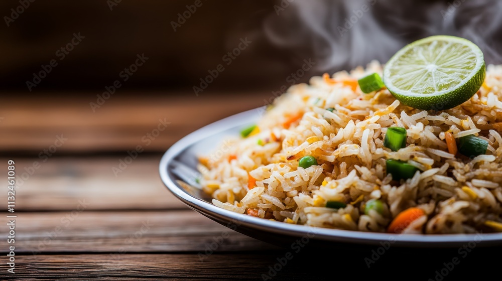 Poster A steaming plate of fried rice with bright scallions and a lime slice rests on a wooden table, creating a charming rustic atmosphere perfect for dining
