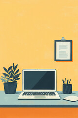 Fototapeta premium Modern minimalist home office desk setup illustration with laptop showing blank screen