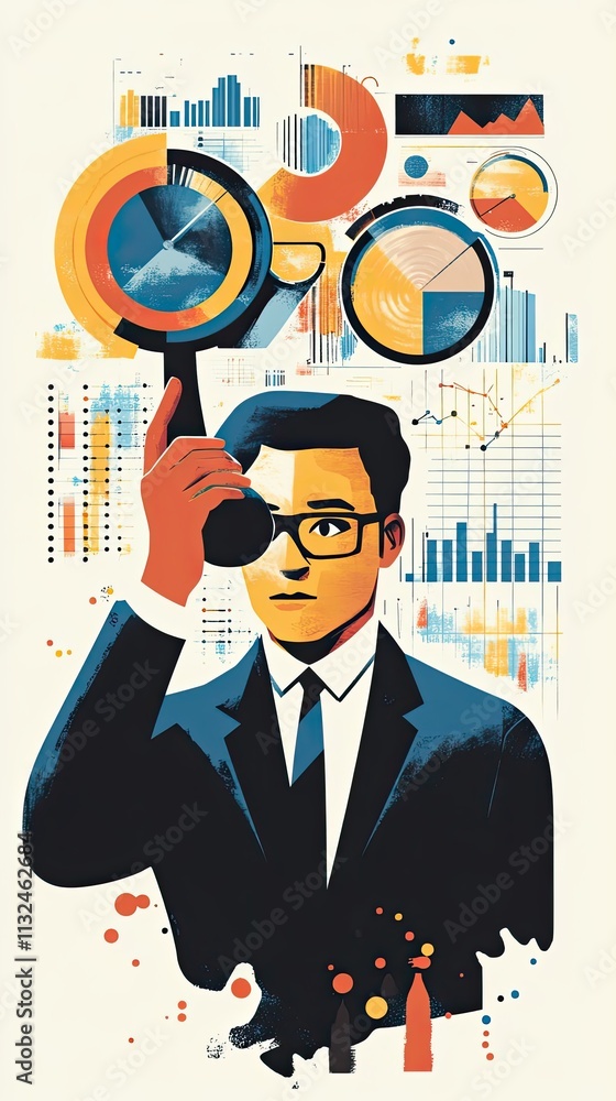 Poster businessman analyzing data charts and graphs