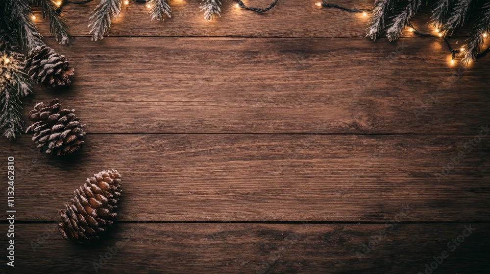 Aufkleber a pine cone rests among snow-dusted christmas tree branches on a rustic wooden surface, enhanced by 
