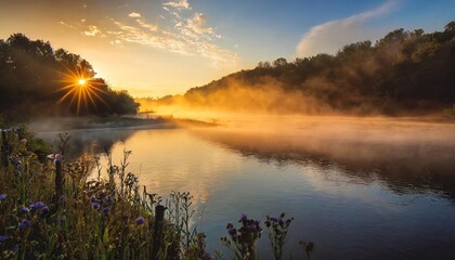 Breathtaking Sunrise Over the River A Stunning Display of Natures Beauty Captured at Dawn, with Vibrant Colors Reflecting on the Waters Surface, Inviting Serenity and Peaceful Moments.