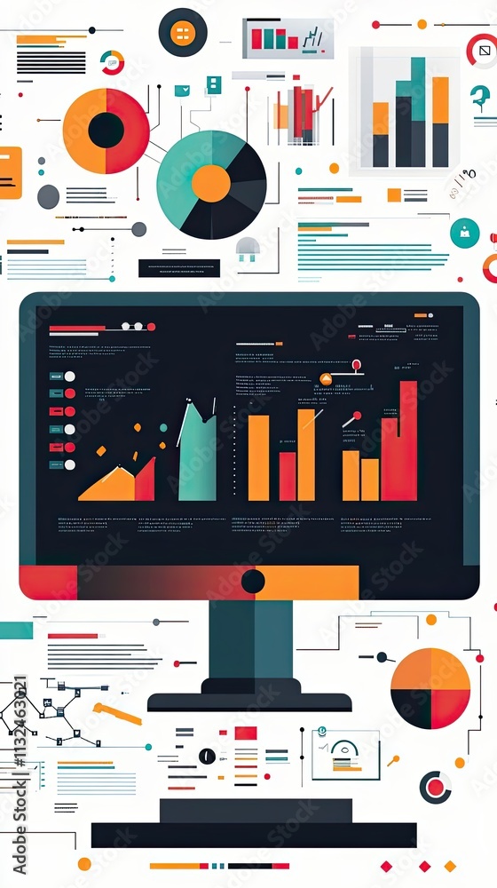 Aufkleber computer screen displays diverse business data charts and graphs