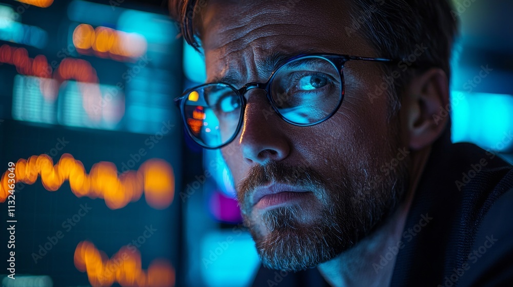 Poster concept of focus and concentration as the man works on his computer