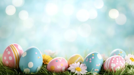 Fototapeta premium Colorful Easter Eggs on Grass with Flowers Against Soft Background