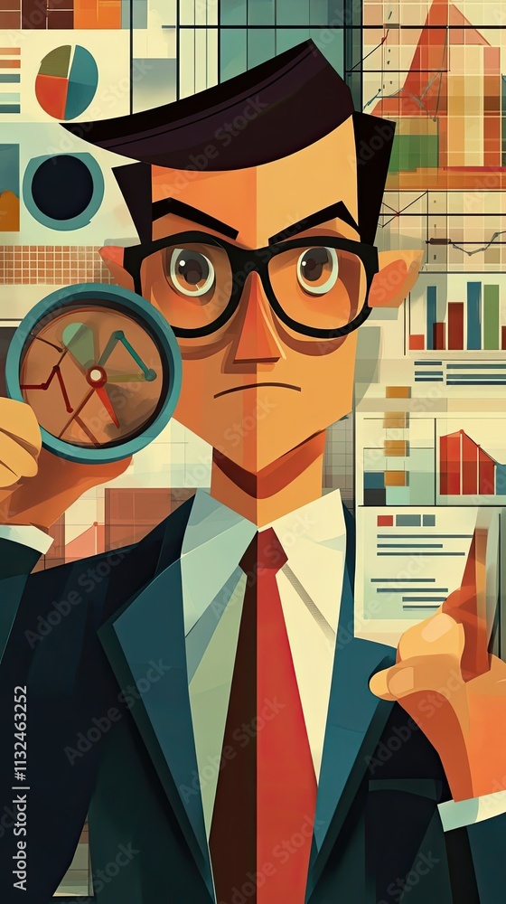 Poster businessman analyzing data charts and graphs