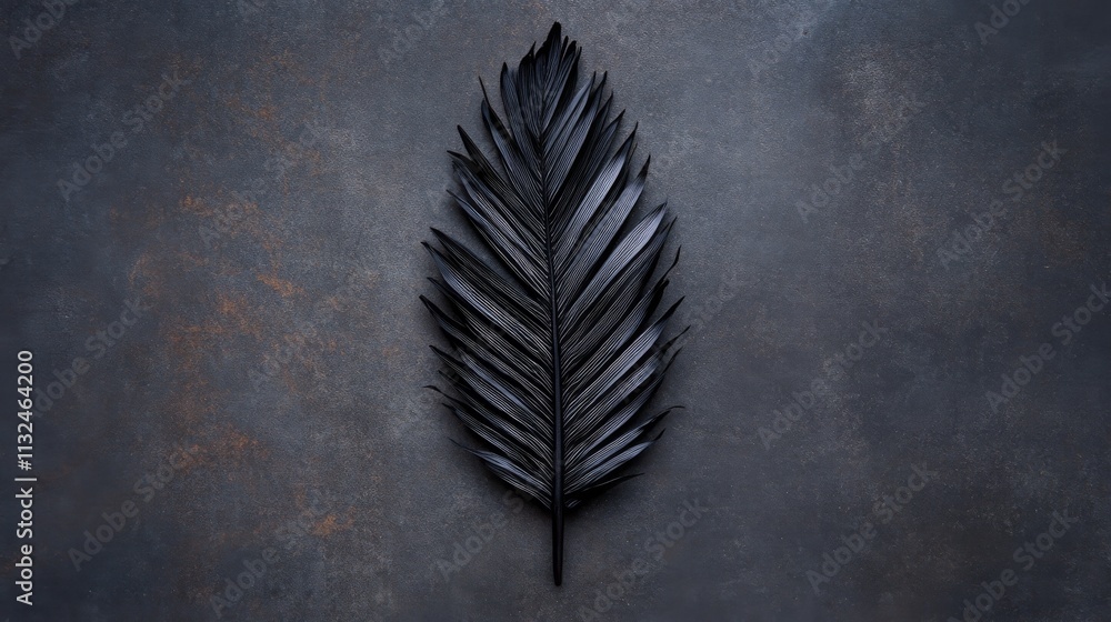 Fototapete a tropical leaf with intricate black textures rests on a deep gray background, offering a striking v
